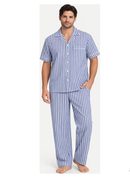 Blue-and-white stripe men's long Pj set.